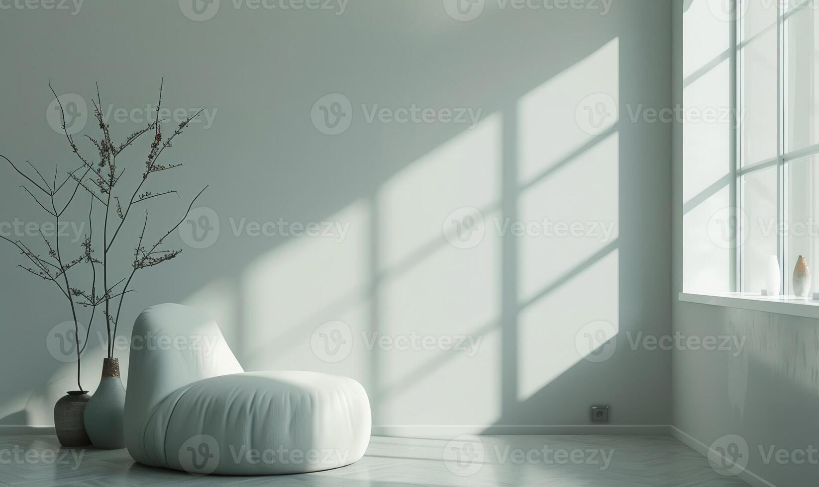 A minimalist modern interior room with pale gray walls photo