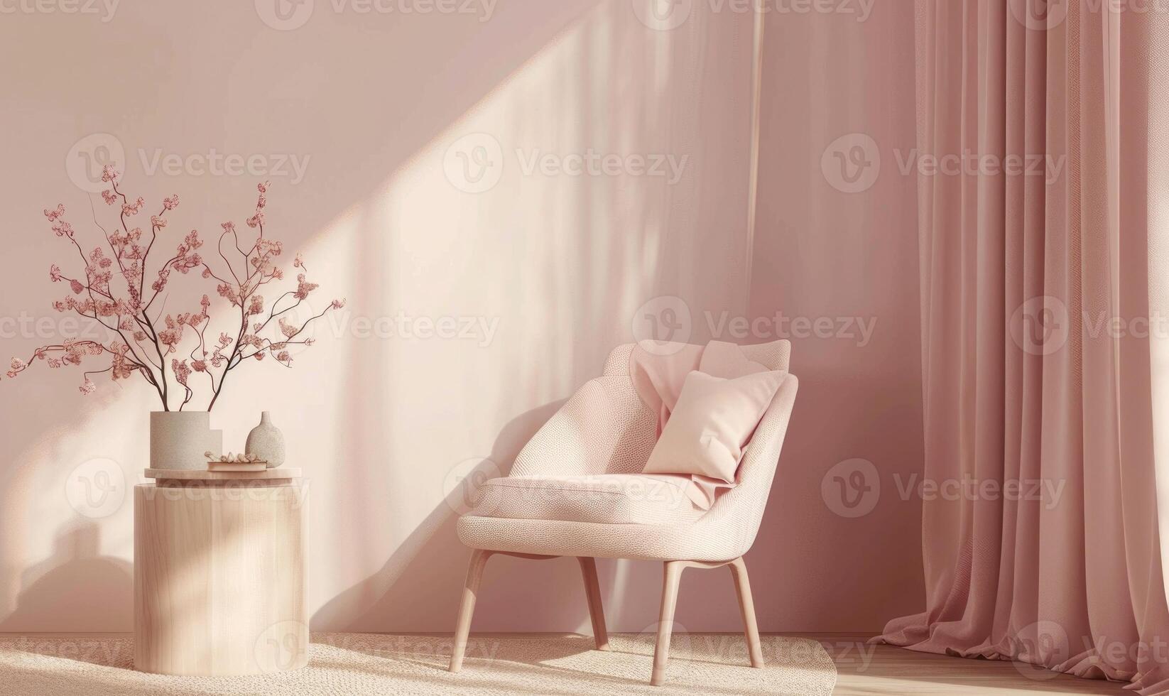 A serene minimalistic modern interior room with soft blush pink walls photo