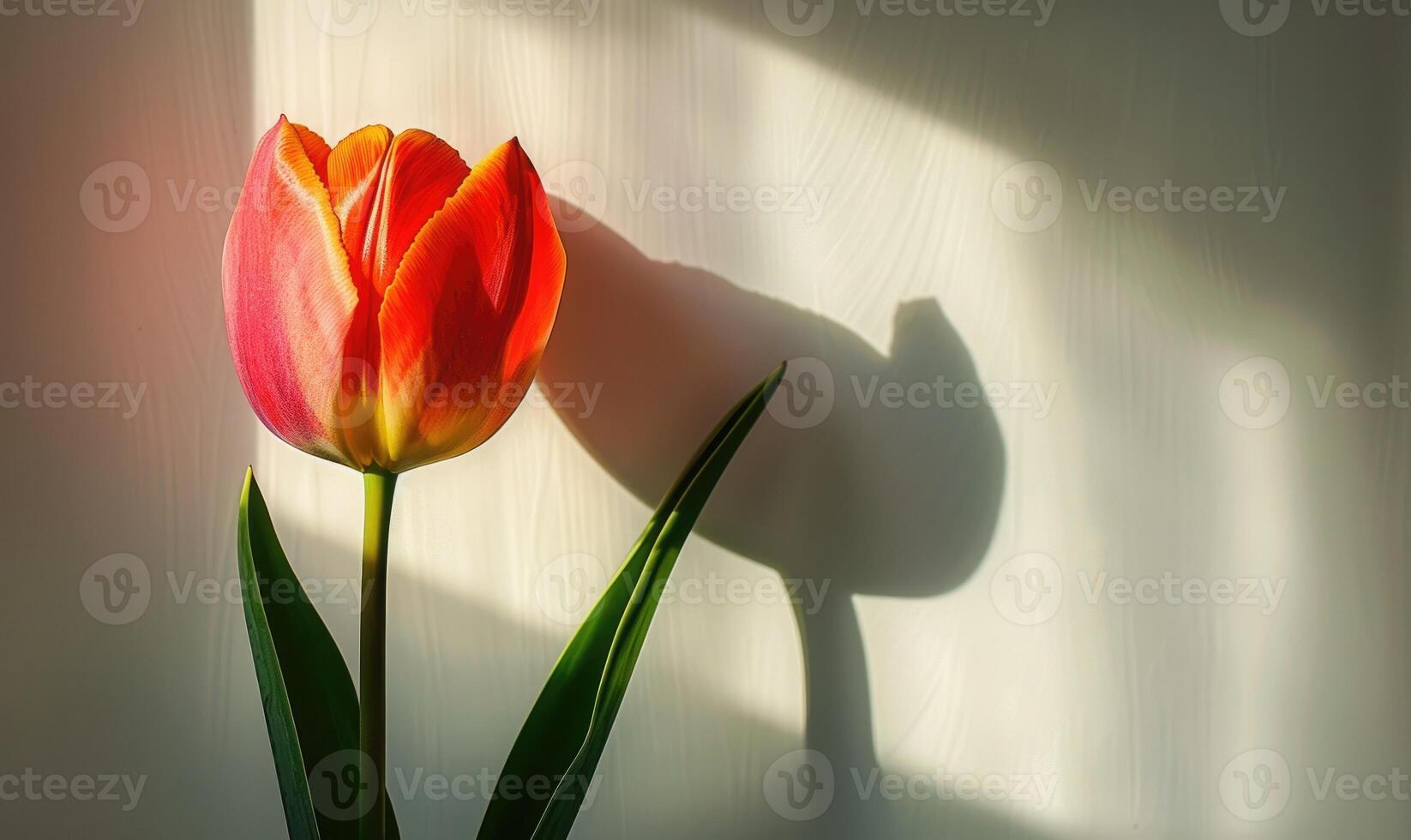 A red tulip against a backdrop of white, casting a bold shadow photo