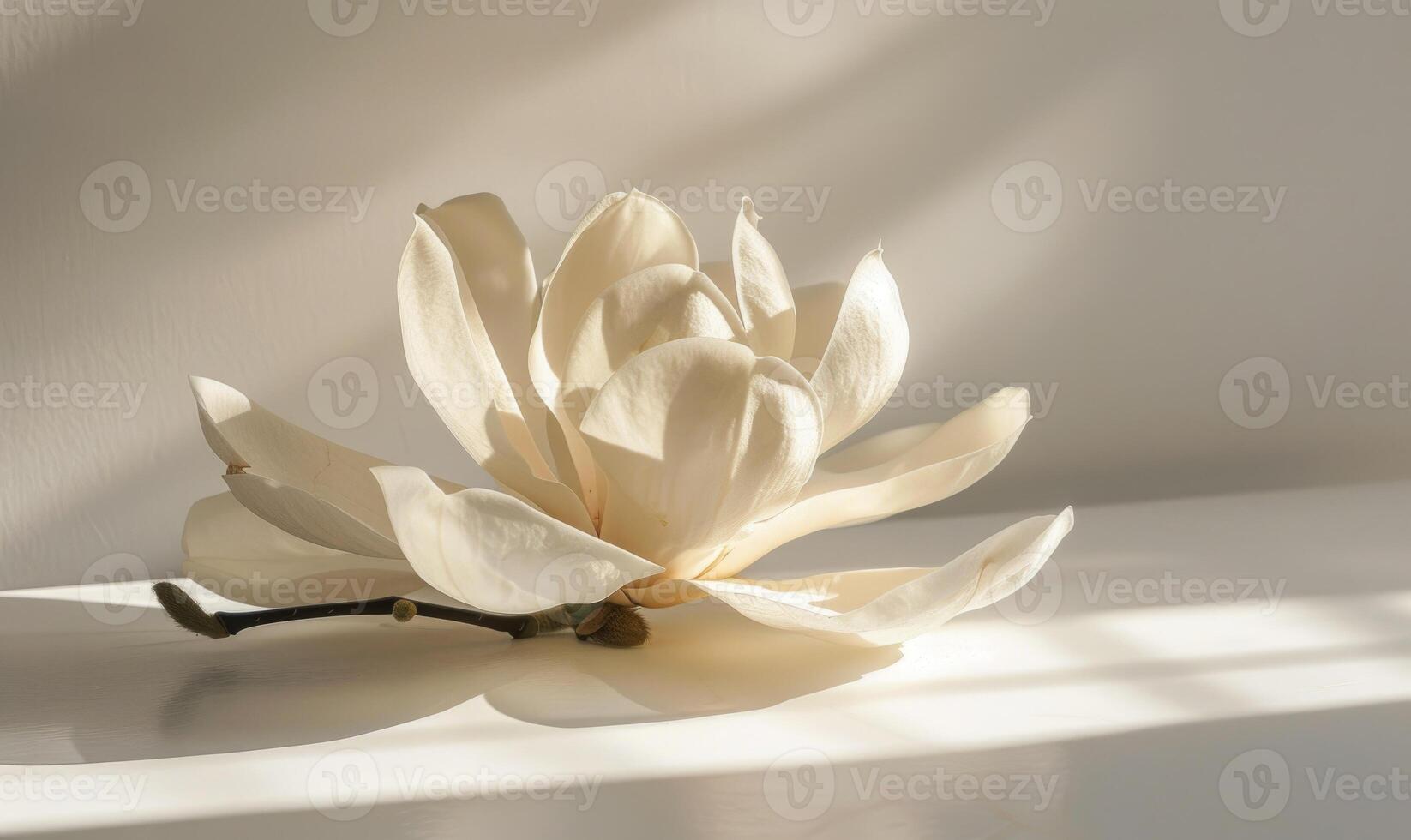 A majestic magnolia bloom against a backdrop of white, casting a bold shadow photo