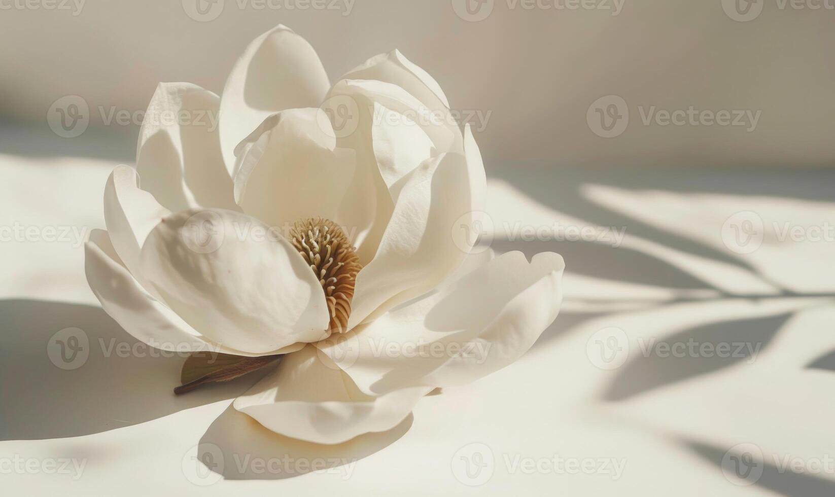 A majestic magnolia bloom against a backdrop of white, casting a bold shadow photo