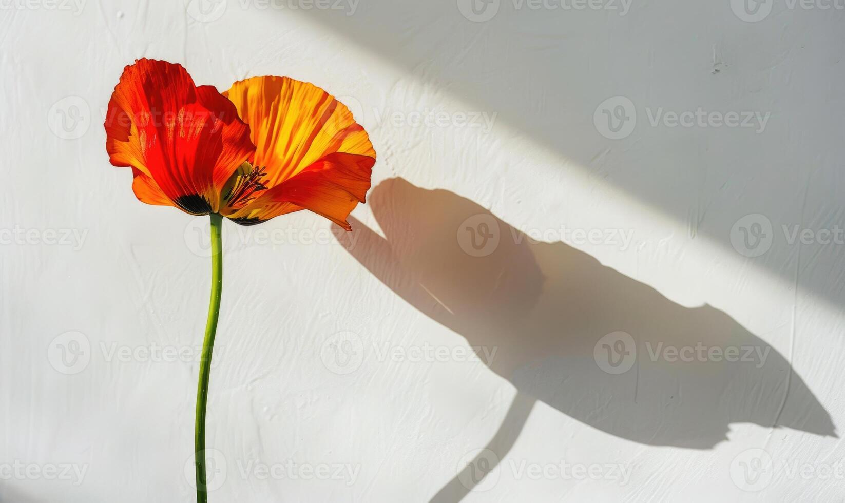 A vibrant poppy against a backdrop of white, casting a striking shadow, bold photo