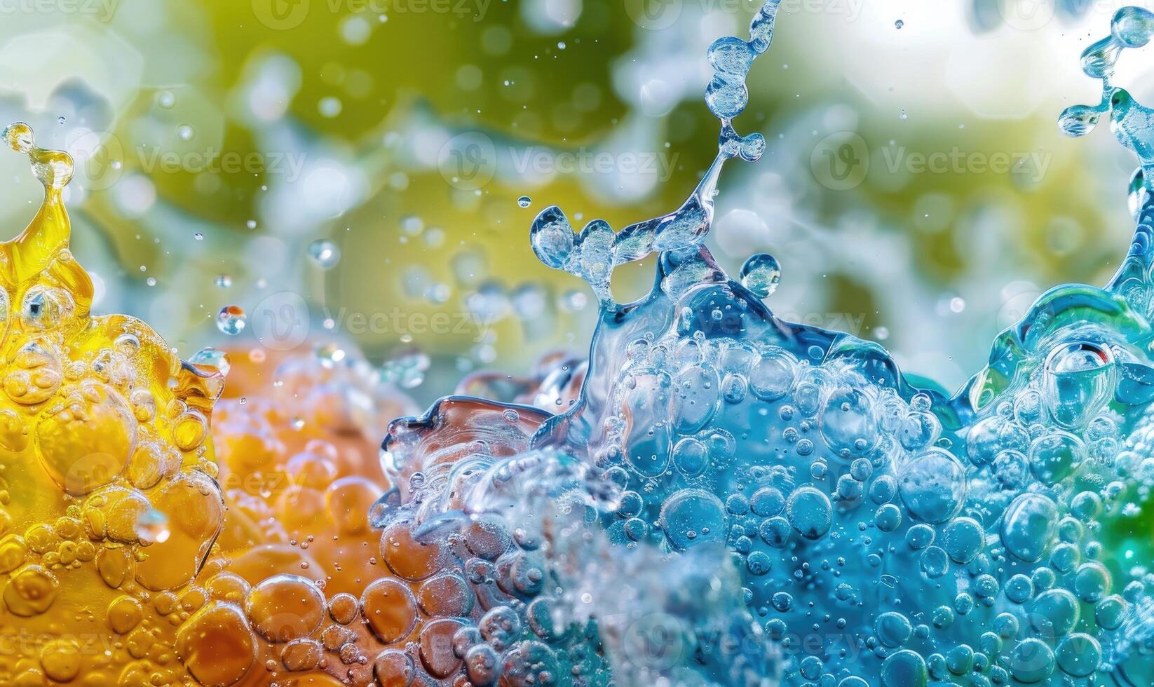 Blue and yellow colored water and foam bubbles, abstract background photo