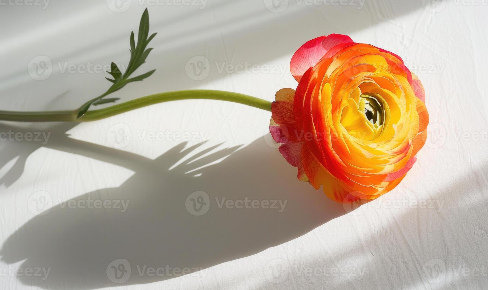A single ranunculus on a soft white canvas, casting a captivating shadow photo