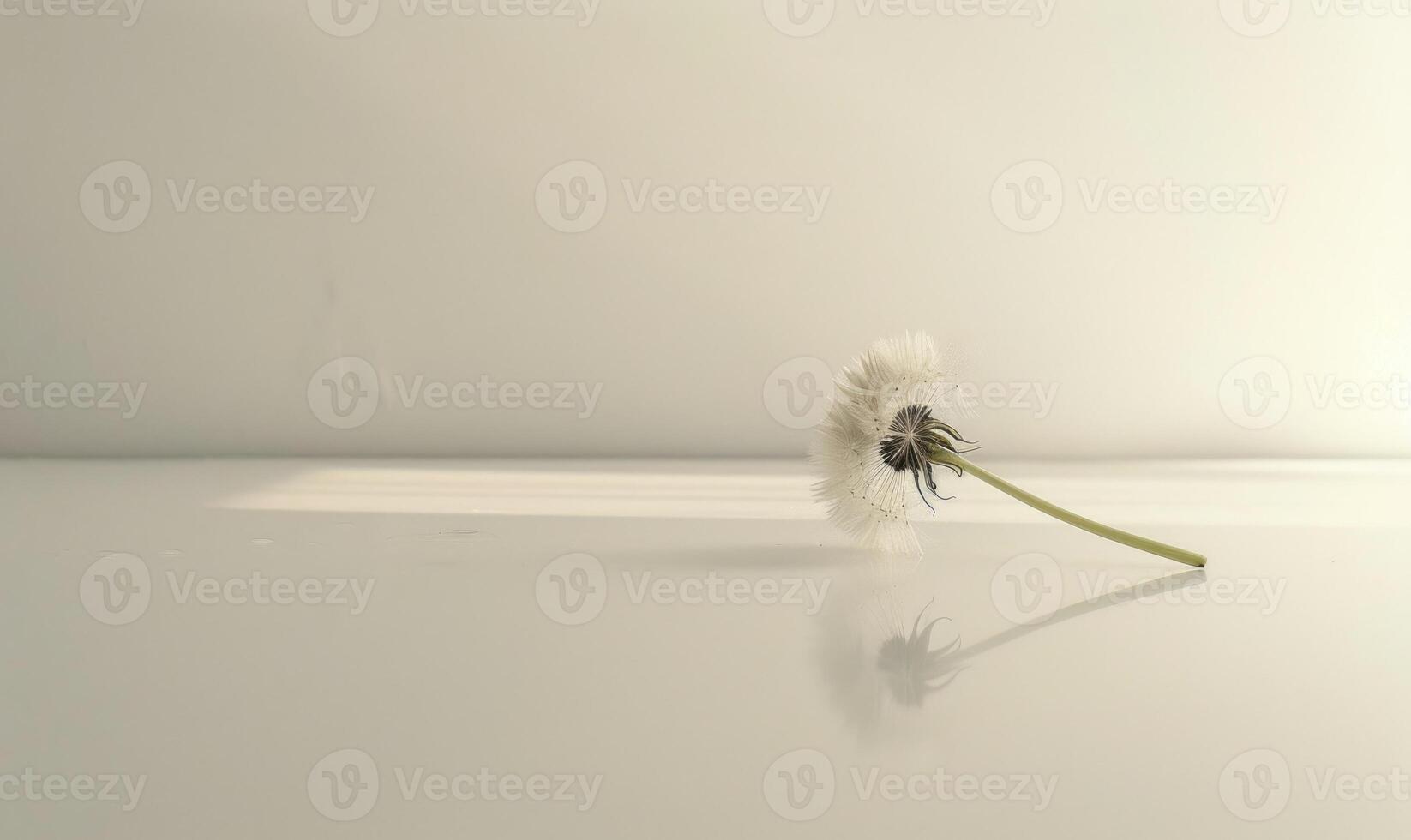 A lone white dandelion on a pure white surface photo