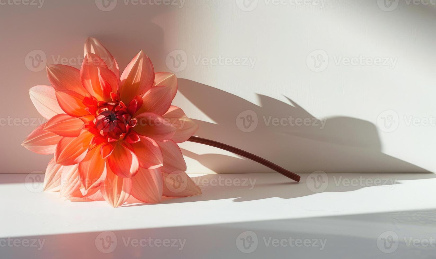 A single dahlia bloom on a pristine white surface, casting a captivating shadow photo