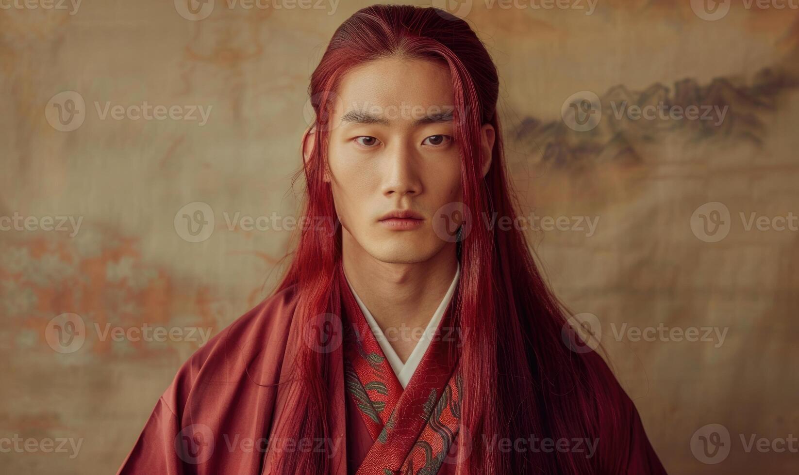 Portrait of young Asian man with deep red long hair in traditional clothes looking at camera photo