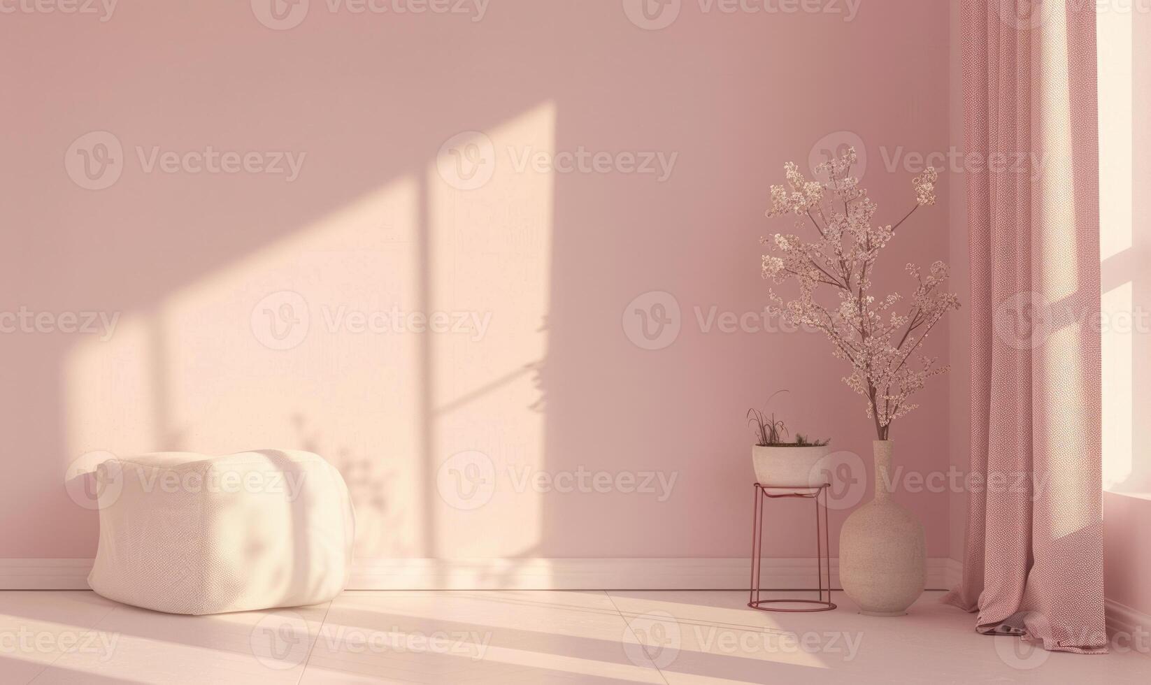 A serene minimalistic modern interior room with soft blush pink walls photo