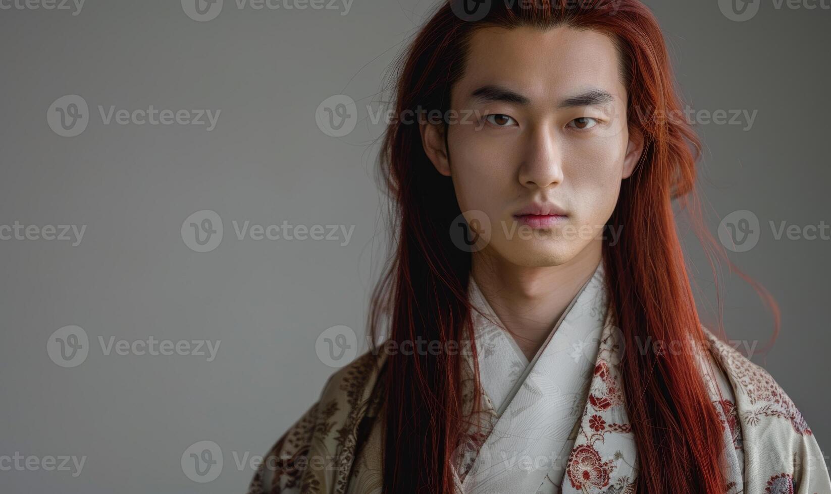 Portrait of young Asian man with deep red long hair in traditional clothes looking at camera photo