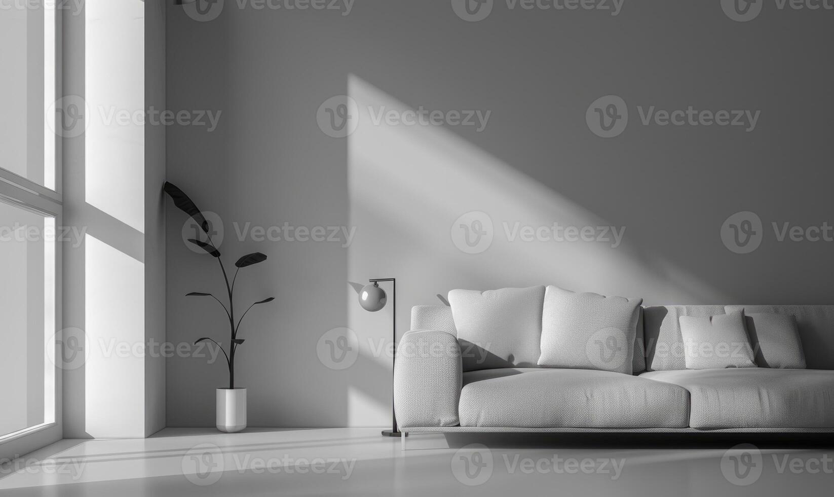 A minimalist modern interior room with pale gray walls photo
