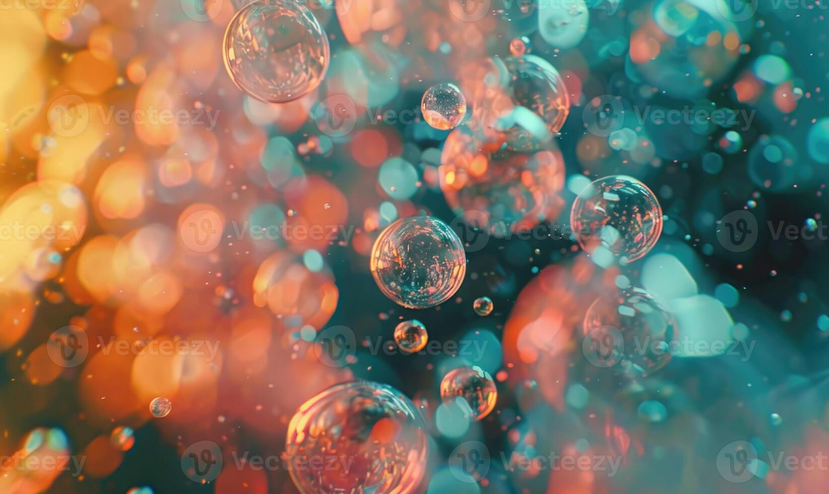 Closeup view on water bubbles, abstract background with bokeh light photo