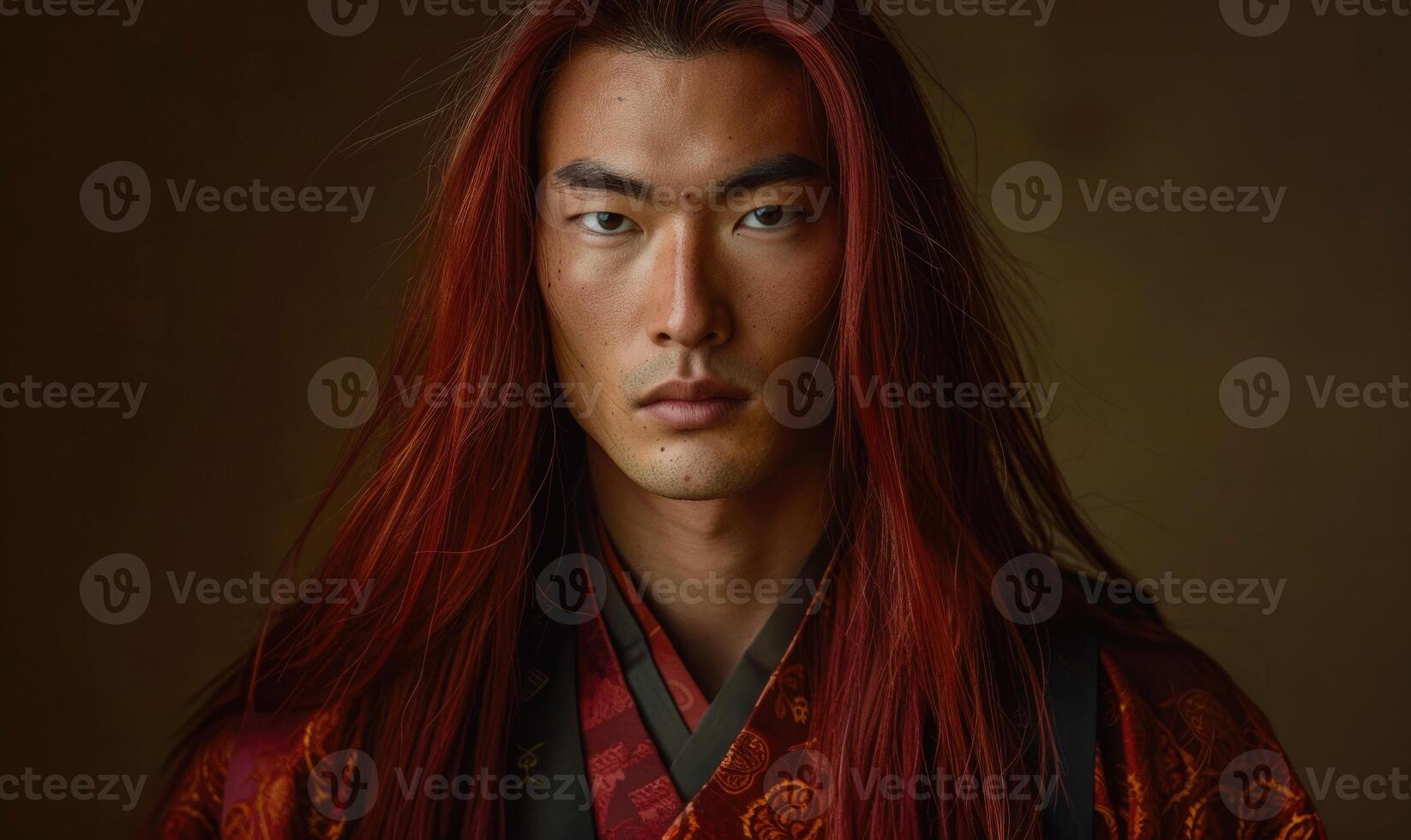 Portrait of young Asian man with deep red long hair in traditional clothes looking at camera photo