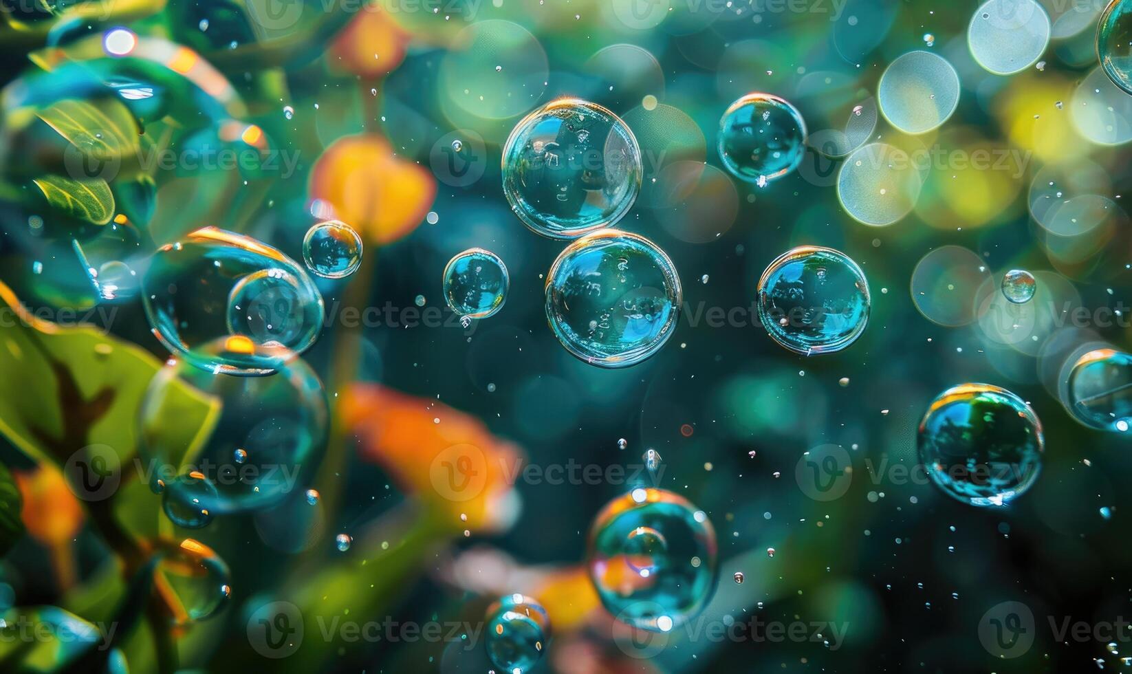 Green and yellow abstract background with water bubbles closeup photo