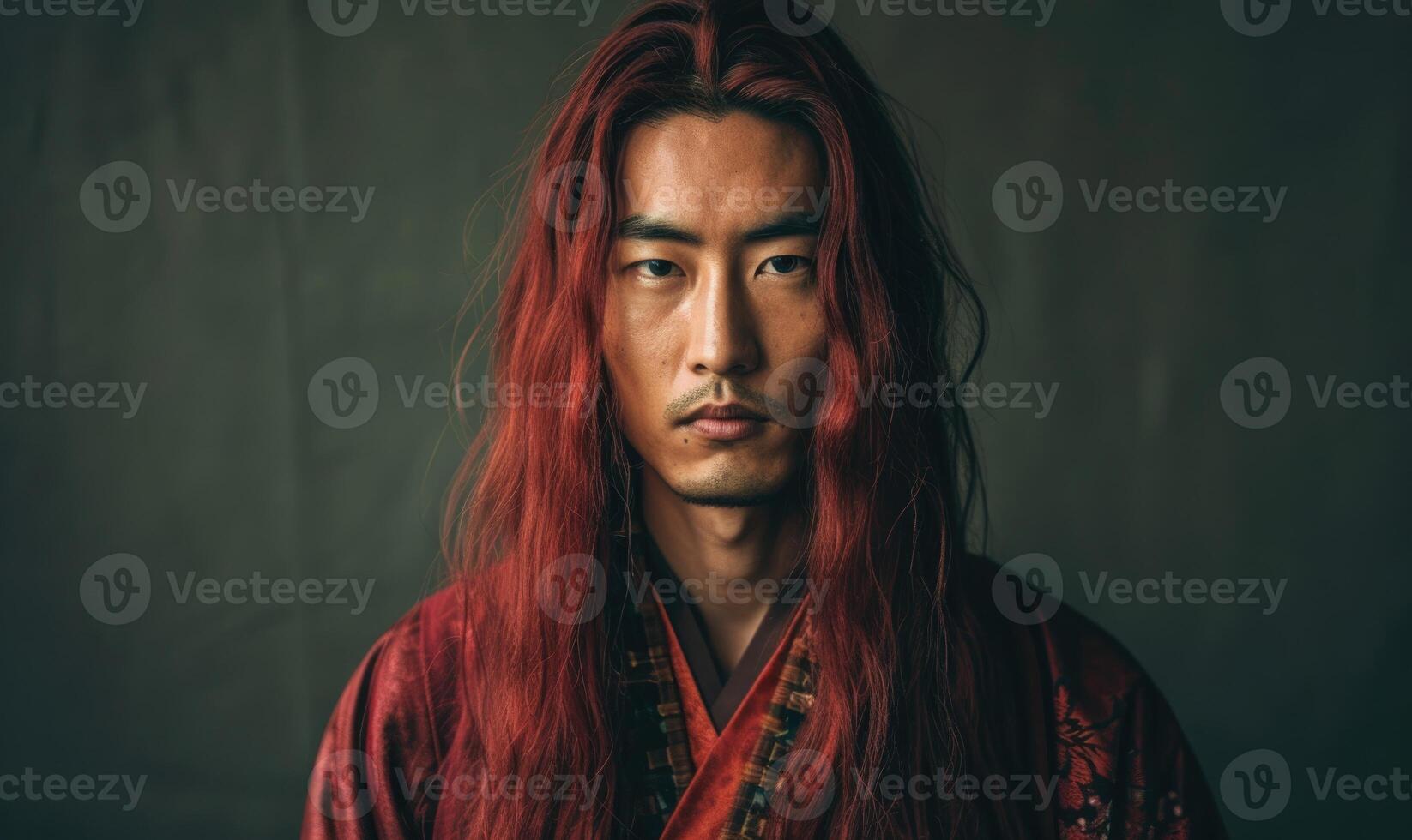 Portrait of young Asian man with deep red long hair in traditional clothes looking at camera photo