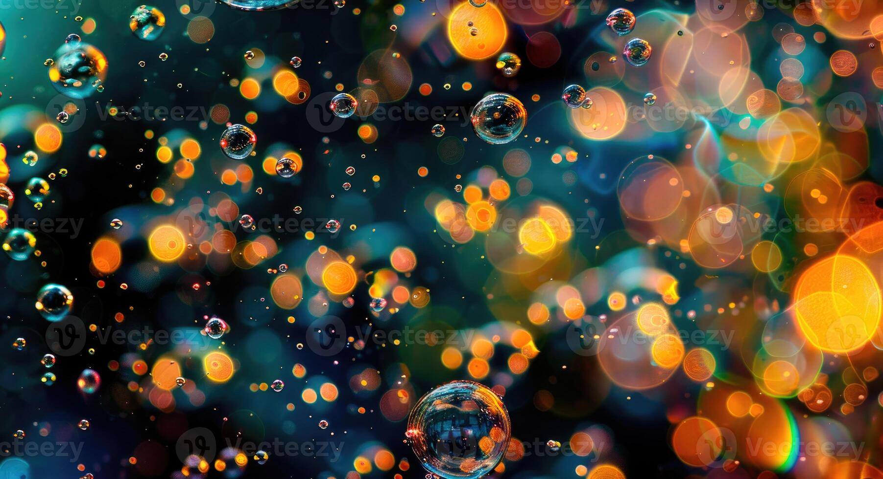 Closeup view on water bubbles, abstract background with bokeh light photo