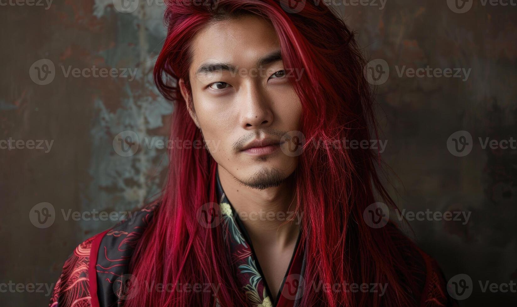 Portrait of young Asian man with deep red long hair in traditional clothes looking at camera photo