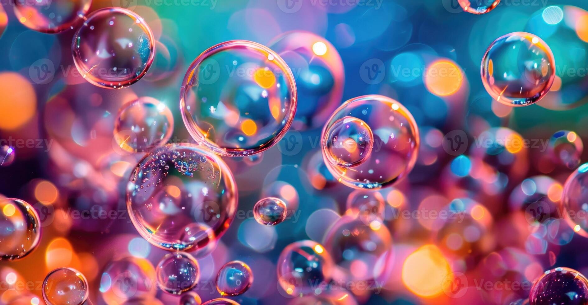 Closeup view on water bubbles, abstract background with bokeh light photo