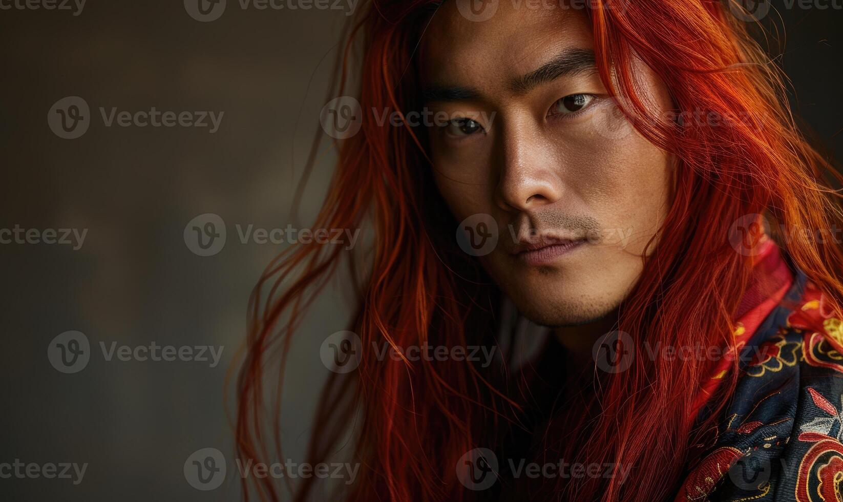 Portrait of young Asian man with deep red long hair in traditional clothes looking at camera photo