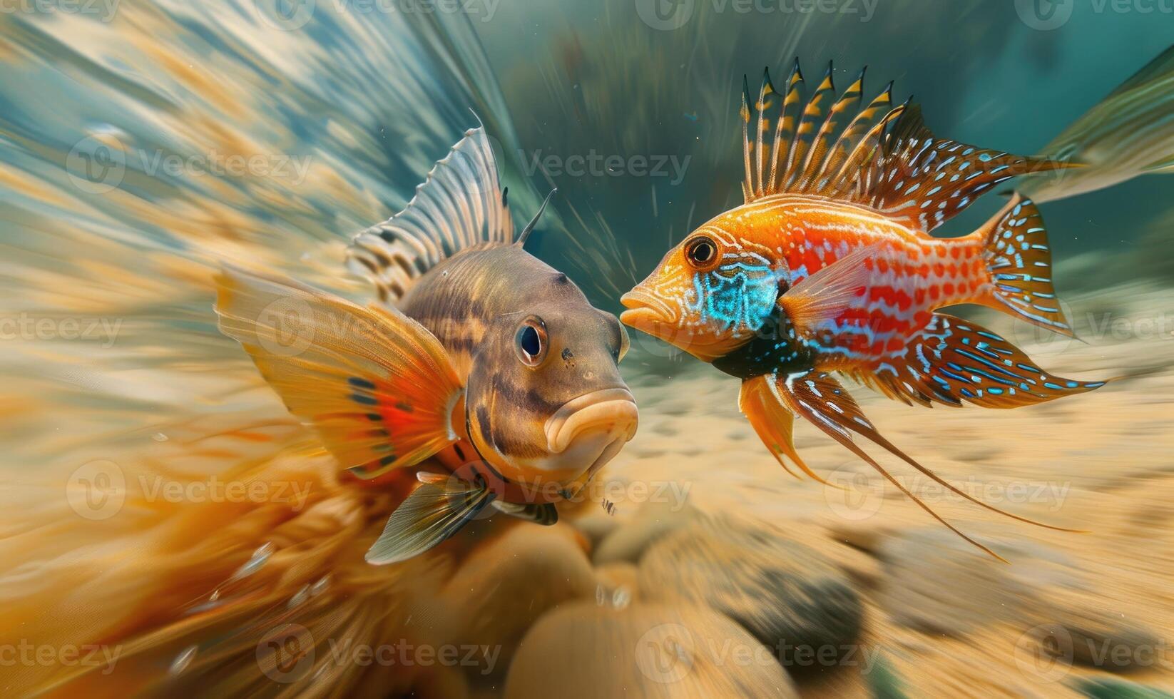 Cockerel fish accompanied by triggerfish, dynamic underwater scene photo
