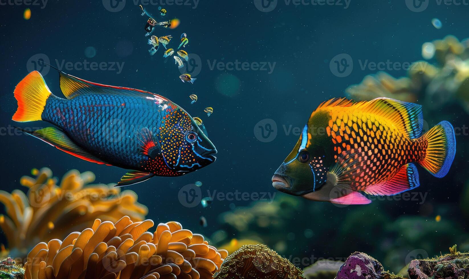Cockerel fish and surgeonfish in the water closeup view photo