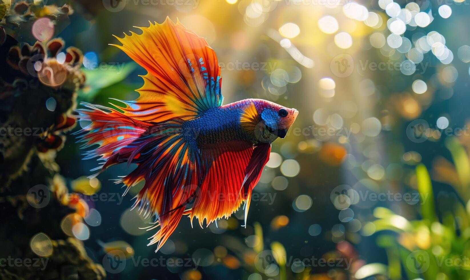 Cockerel fish traversing with wrasse, bright colored fish in the water photo