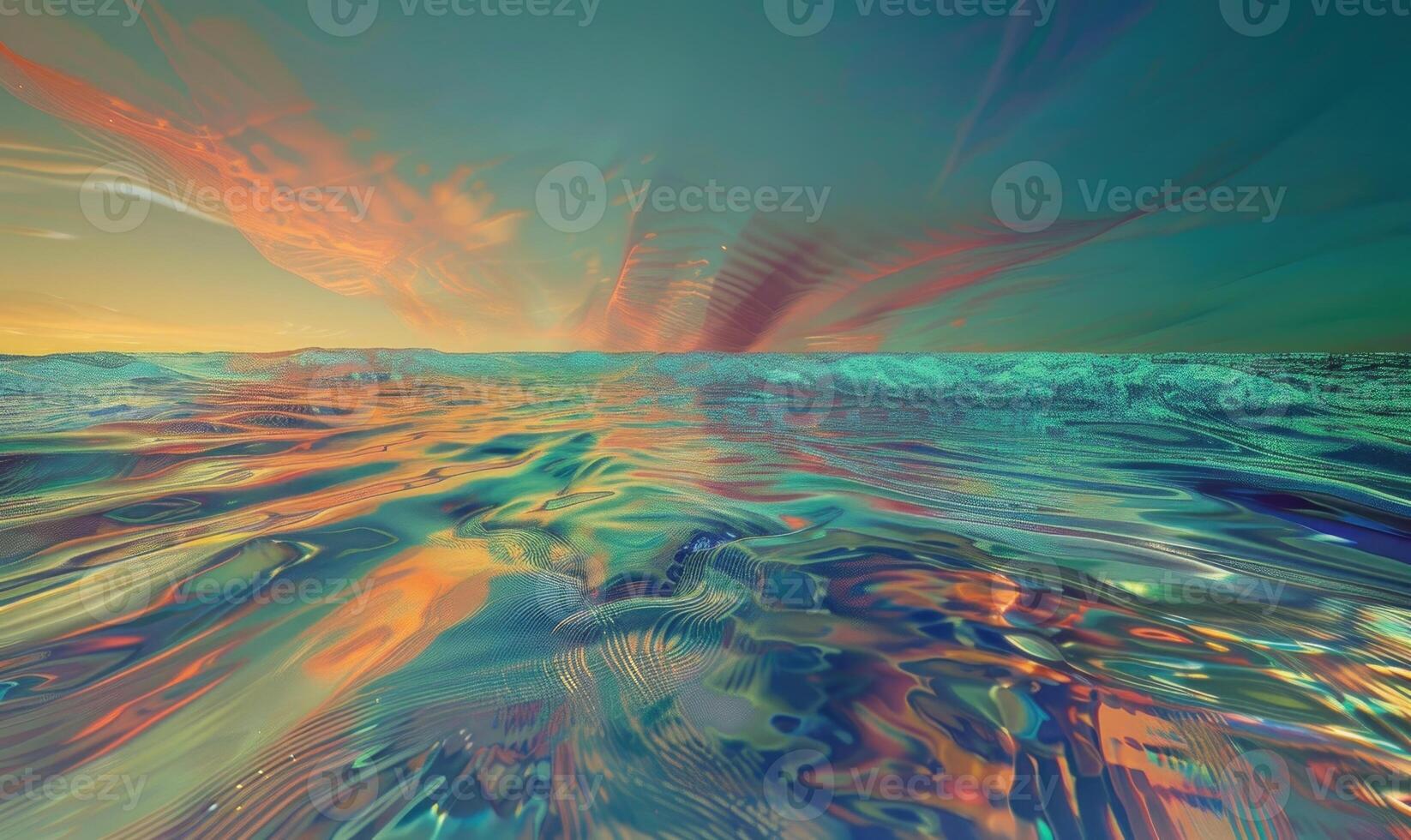 Closeup view on water surface with sunset light on it and dynamic sky photo