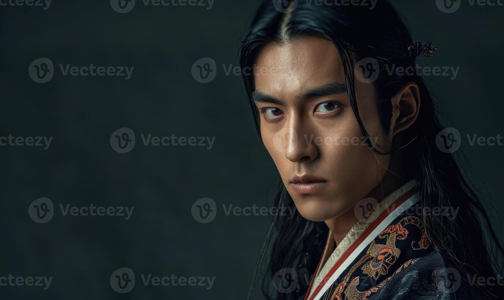 Portrait of young Asian man with dark long hair in traditional clothes looking at camera photo