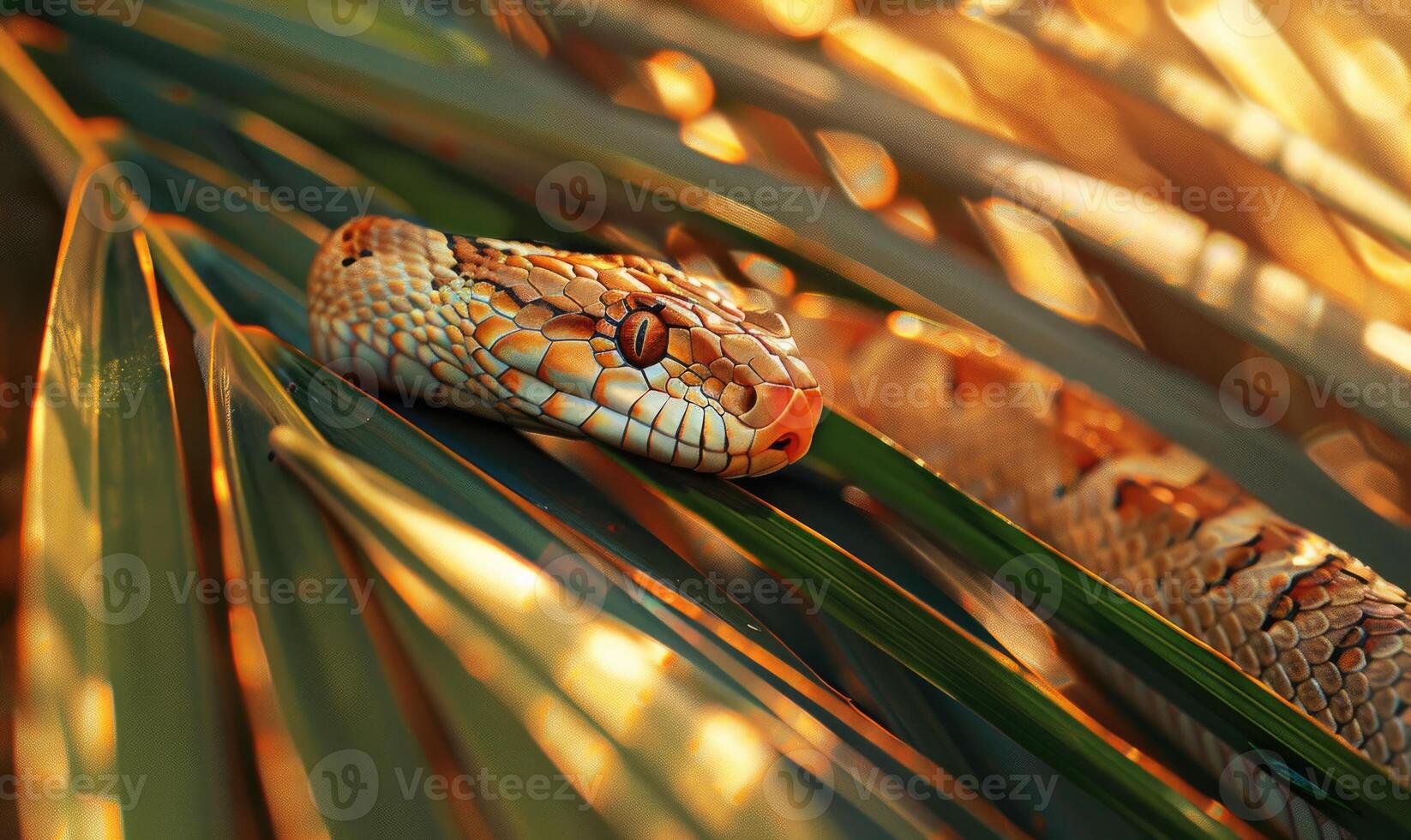 Rat snake on palm leaves photo