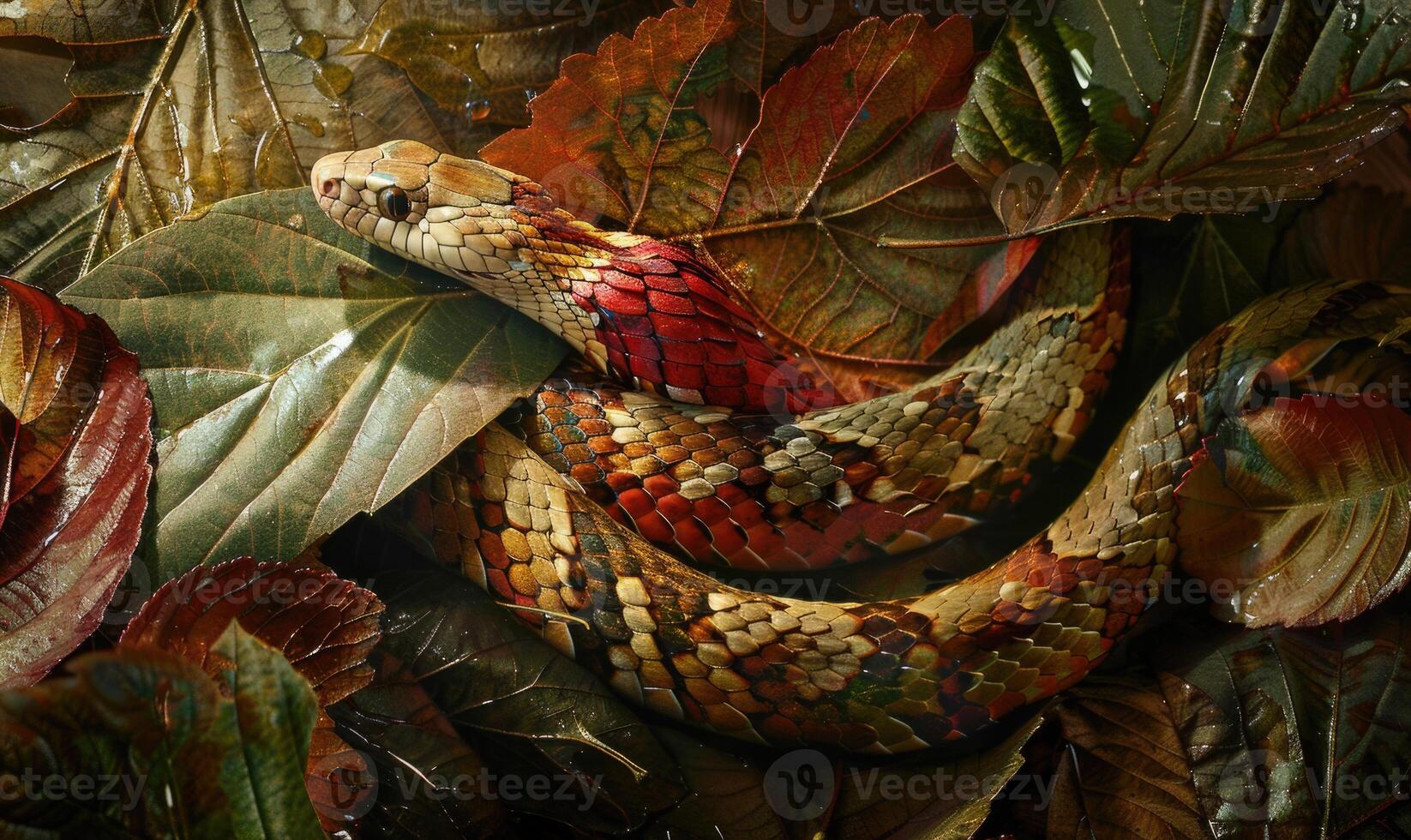 Corn snake on birch leaves photo