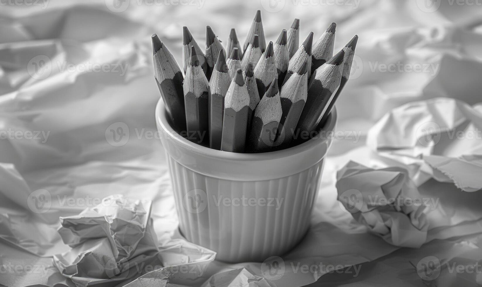Graphite pencils arranged in a cup on a desk, surrounded by crumpled sheets of discarded white paper photo