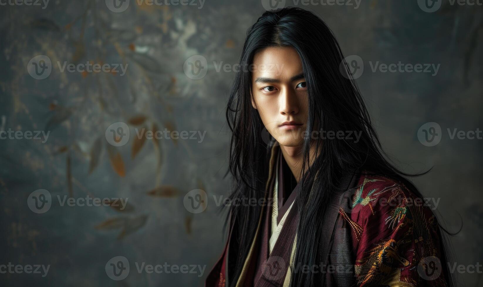Portrait of young Asian man with dark long hair in traditional clothes looking at camera photo