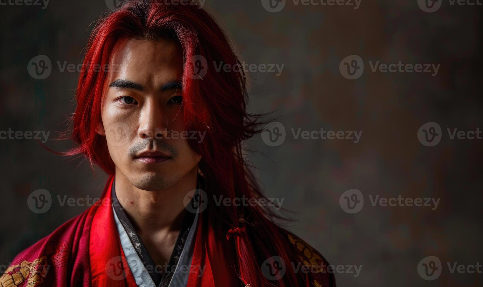 Portrait of young Asian man with deep red long hair in traditional clothes looking at camera photo