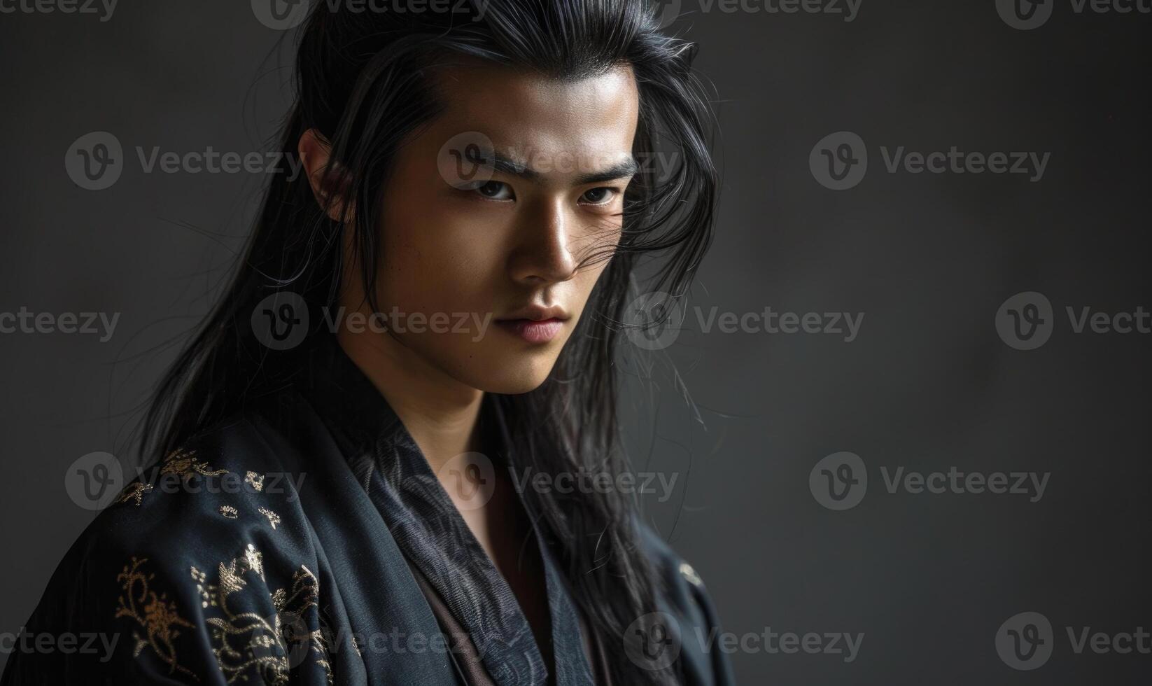 Portrait of young Asian man with dark long hair in traditional clothes looking at camera photo
