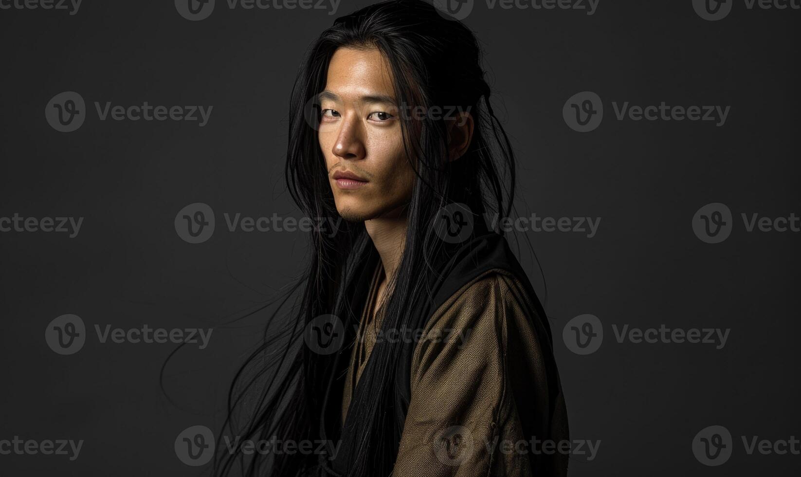 Portrait of young Asian man with dark long hair in traditional clothes looking at camera photo