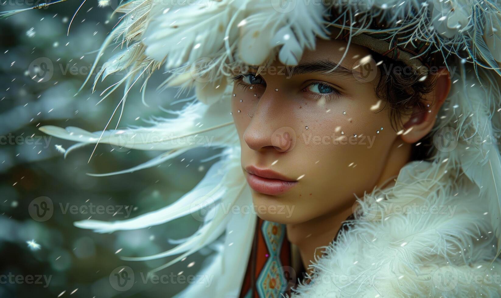 Portrayal of a young man in clothes decorated with white feathers, fantasy or mythology concept photo