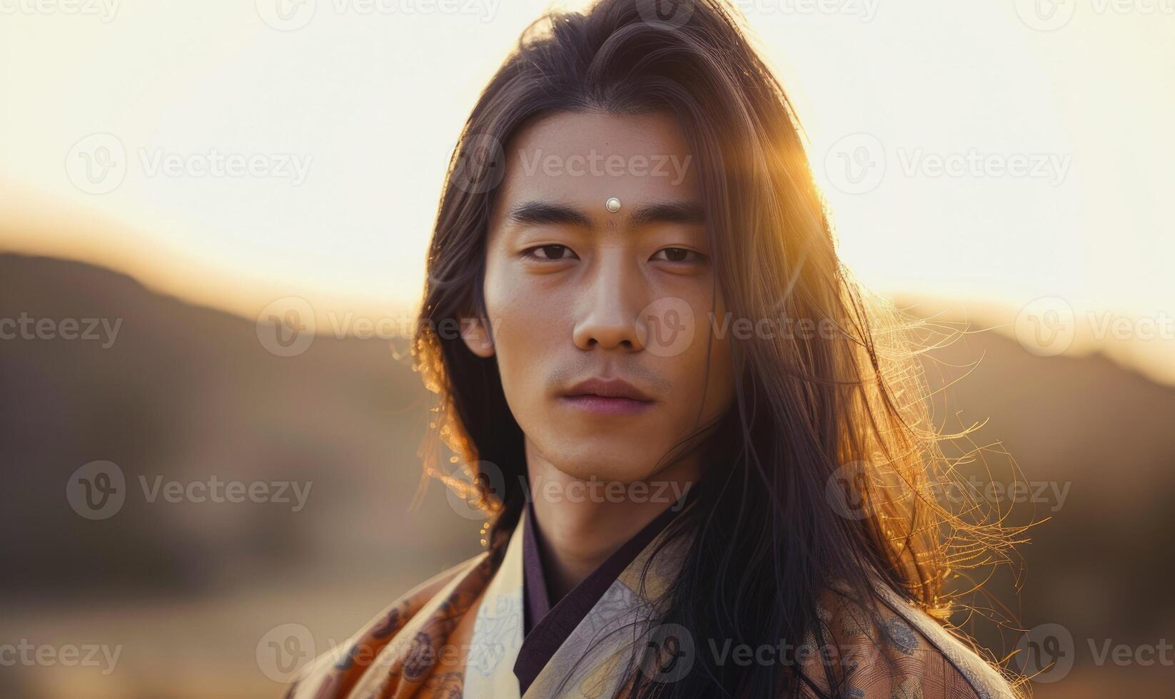 Portrait of young Asian man with dark long hair in traditional clothes looking at camera photo