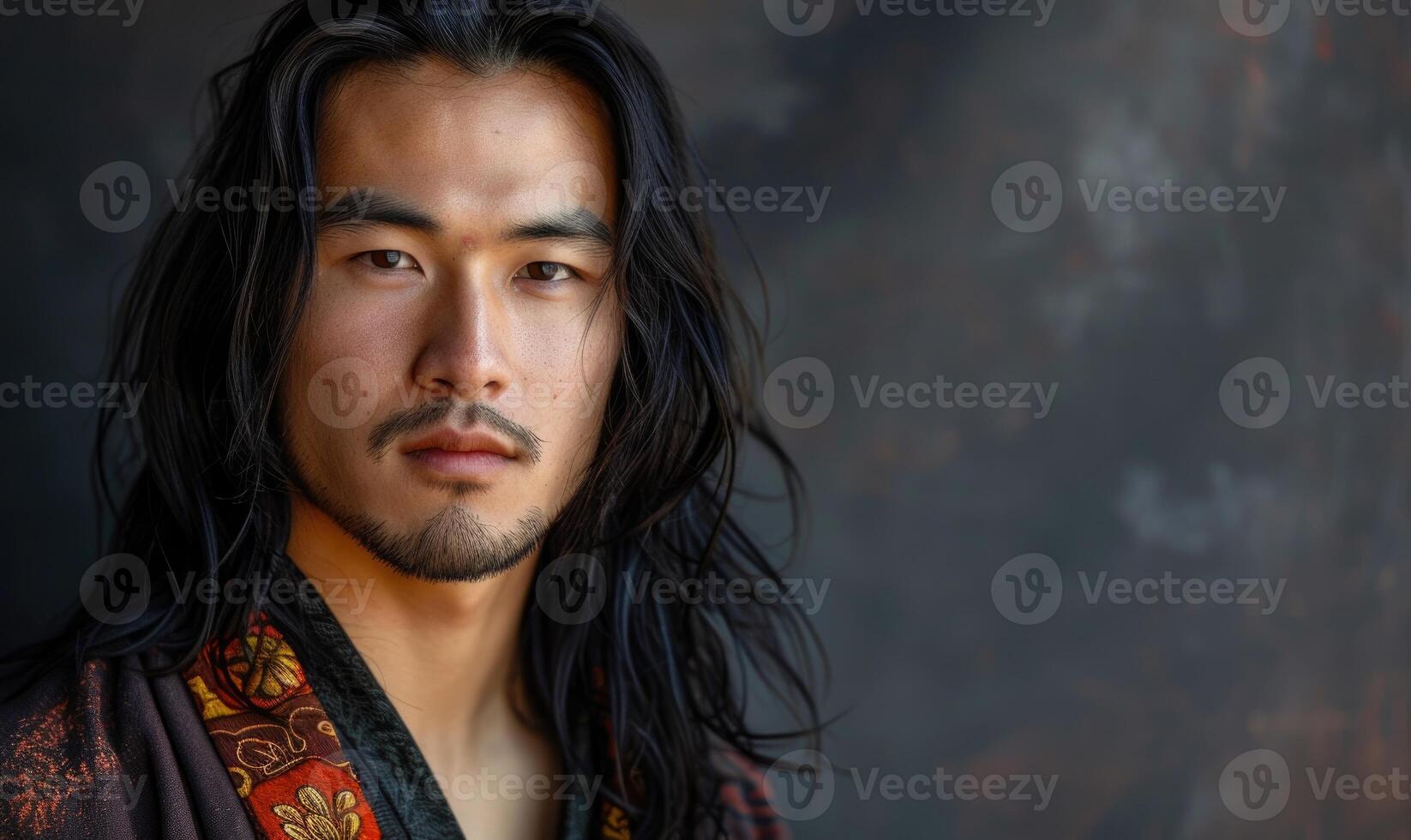 Portrait of young Asian man with dark long hair in traditional clothes looking at camera photo