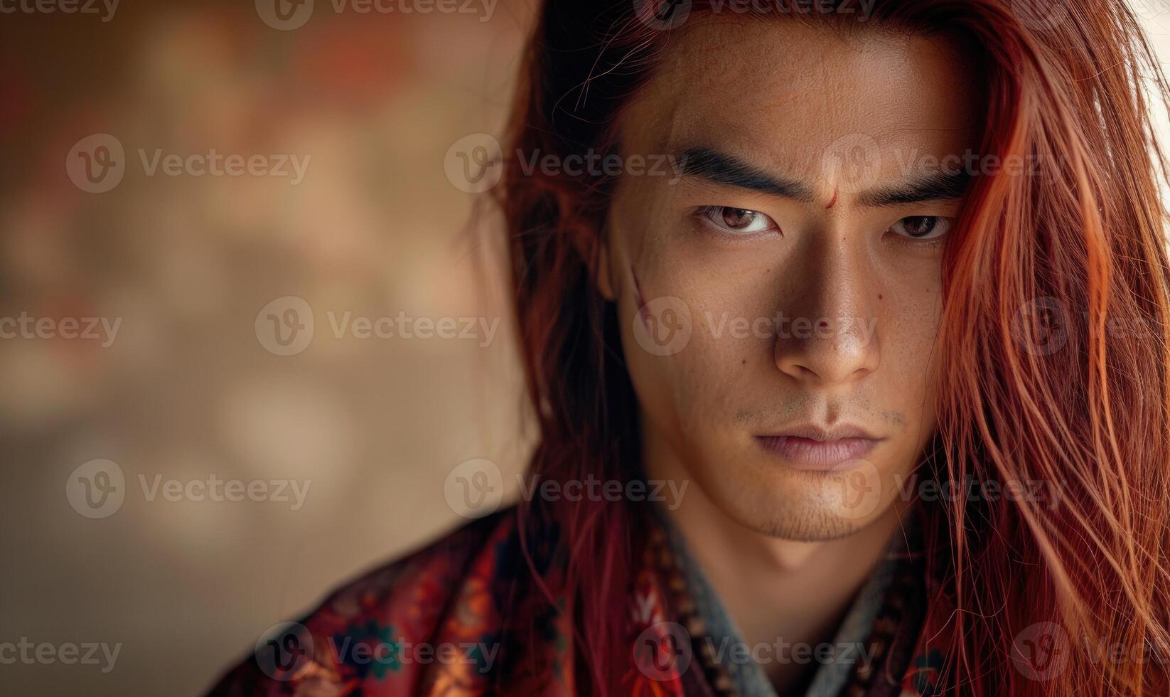 Portrait of young Asian man with deep red long hair in traditional clothes looking at camera photo