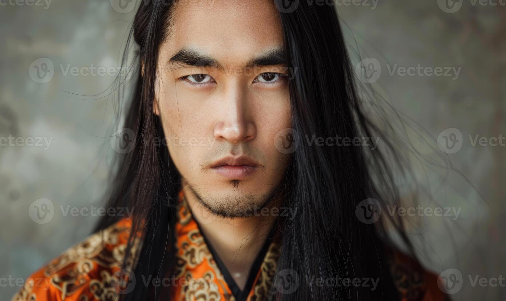 Portrait of young Asian man with dark long hair in traditional clothes looking at camera photo