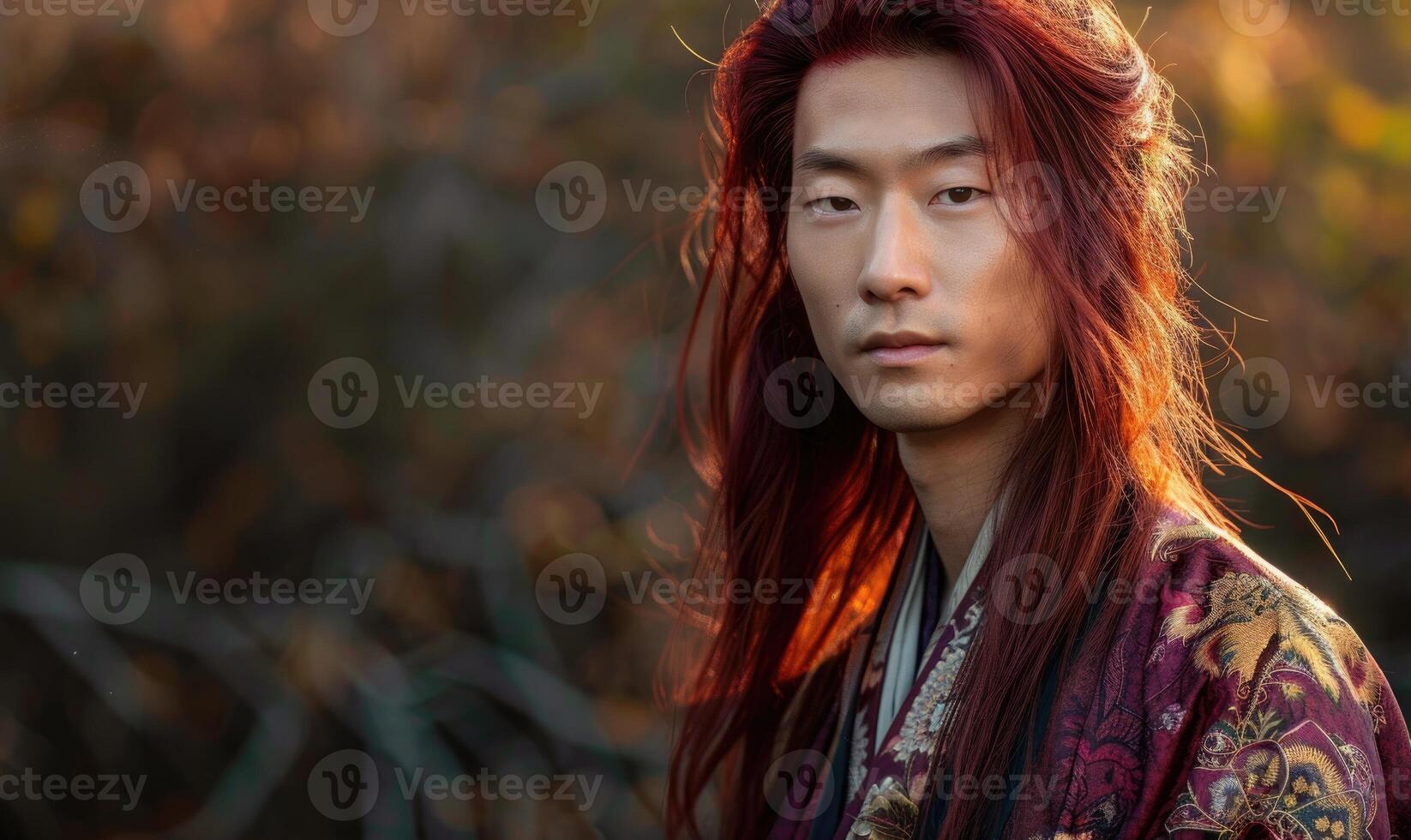 Portrait of young Asian man with deep red long hair in traditional clothes looking at camera photo