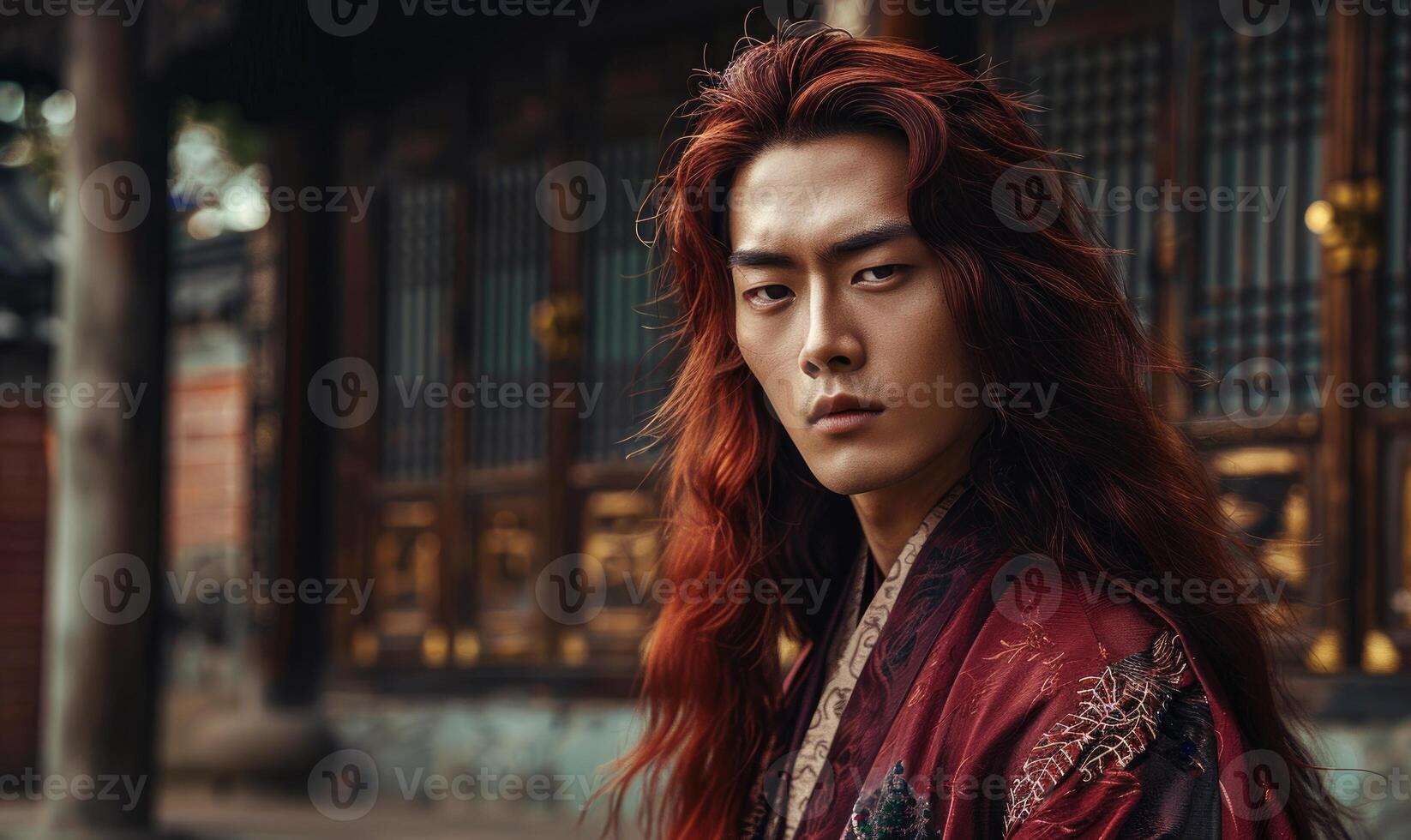 Portrait of young Asian man with deep red long hair in traditional clothes looking at camera photo