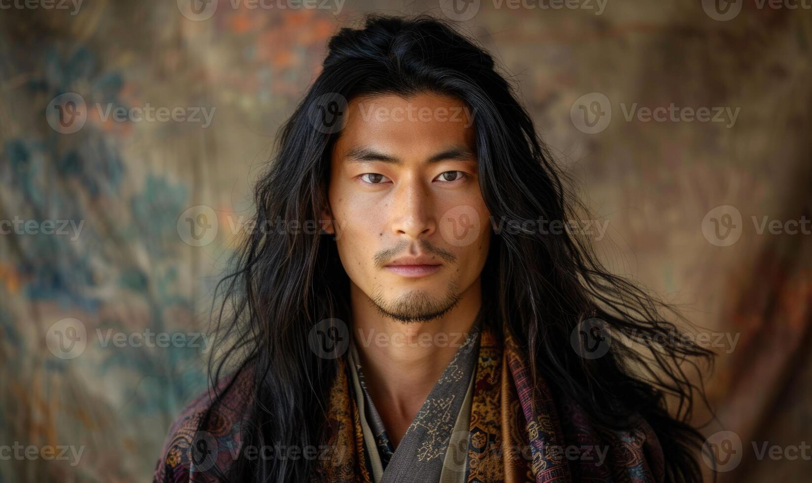 Portrait of young Asian man with dark long hair in traditional clothes looking at camera photo