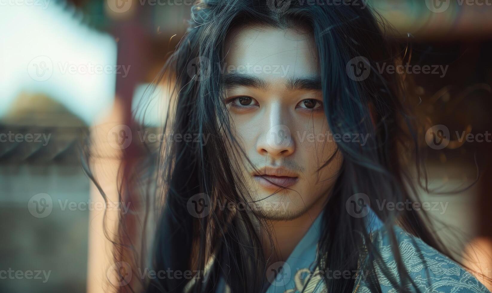 Portrait of young Asian man with dark long hair in traditional clothes looking at camera photo