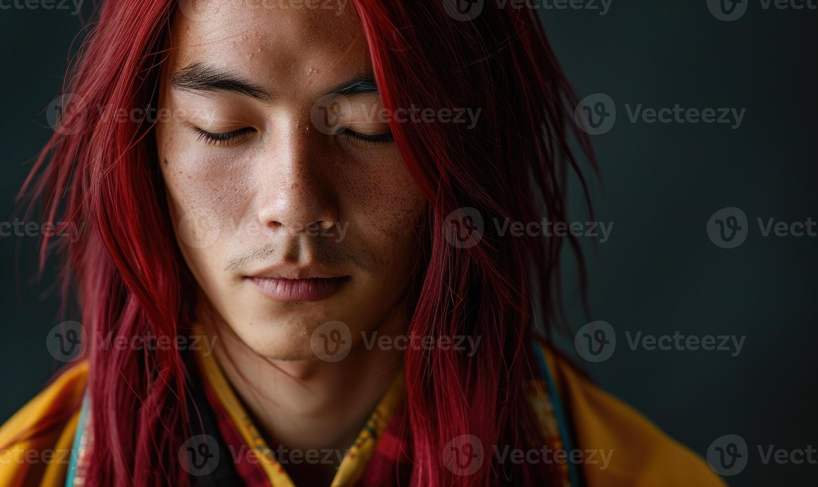 Portrait of young Asian man with deep red long hair in traditional clothes looking at camera photo