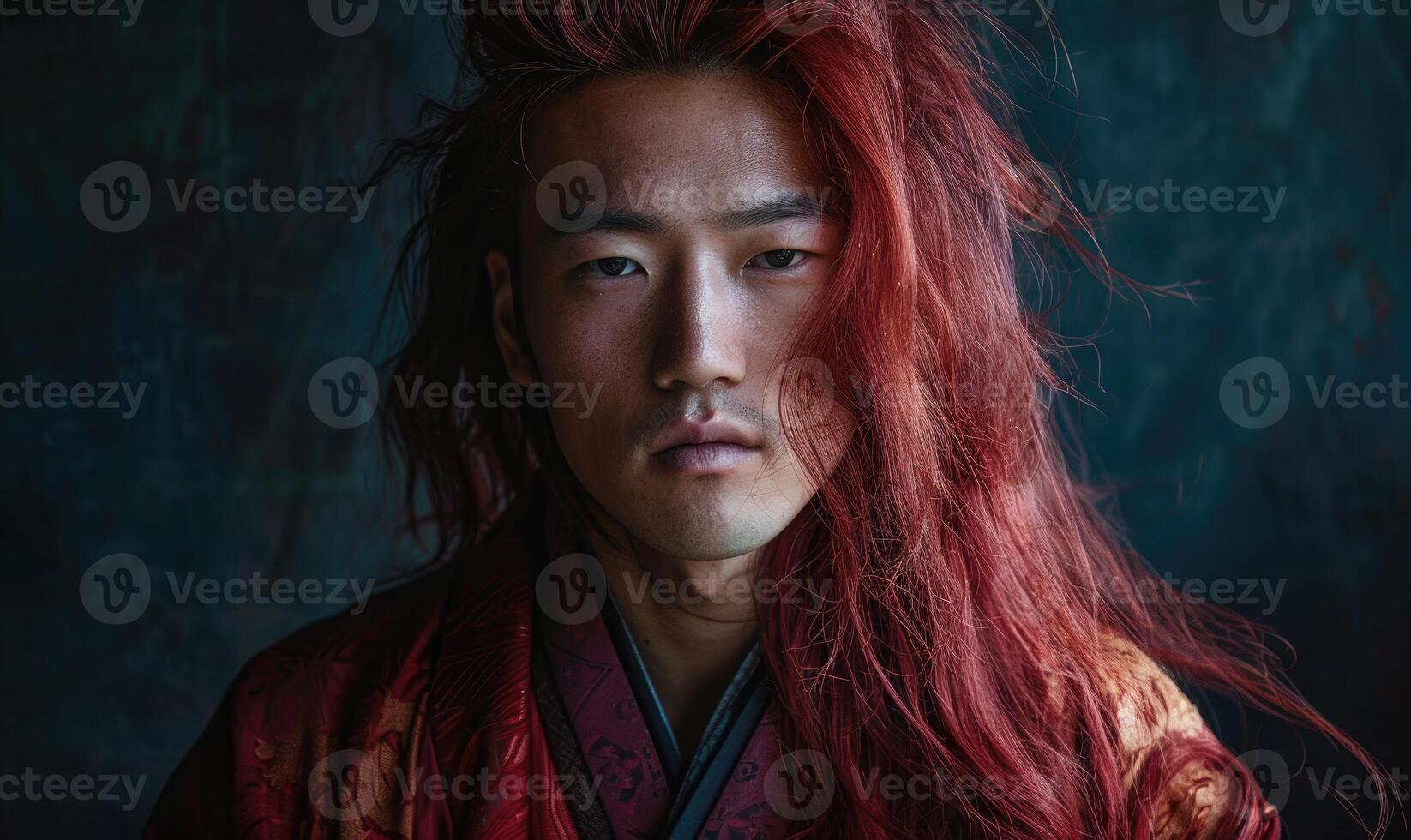 Portrait of young Asian man with deep red long hair in traditional clothes looking at camera photo