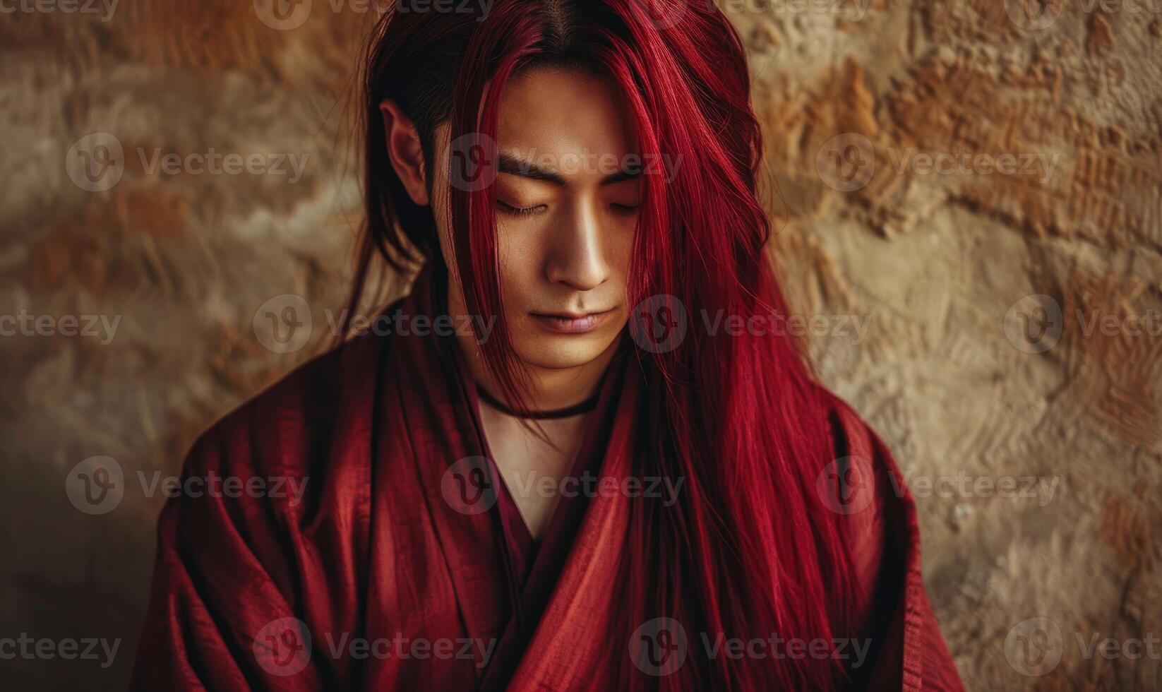 Portrait of young Asian man with deep red long hair in traditional clothes looking at camera photo