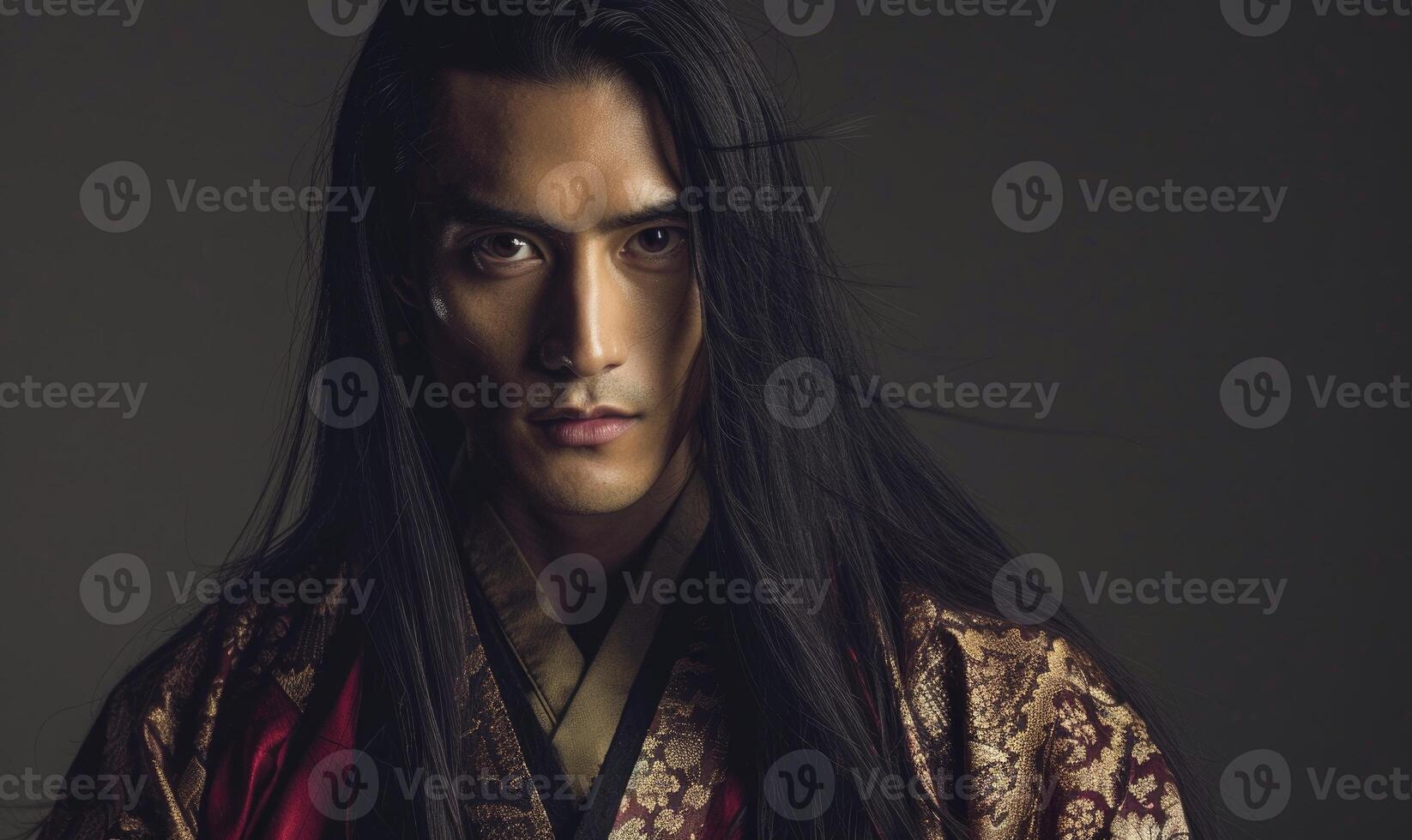 Portrait of young Asian man with dark long hair in traditional clothes looking at camera photo