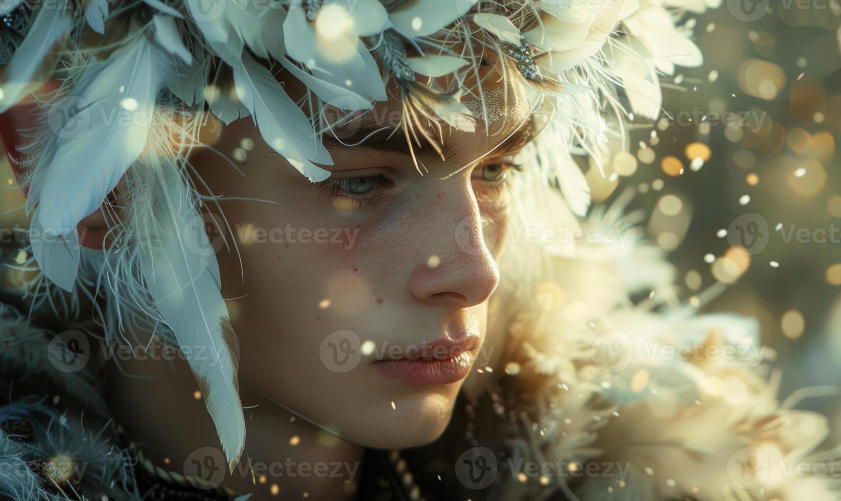 Portrayal of a young man in clothes decorated with white feathers, fantasy or mythology concept photo