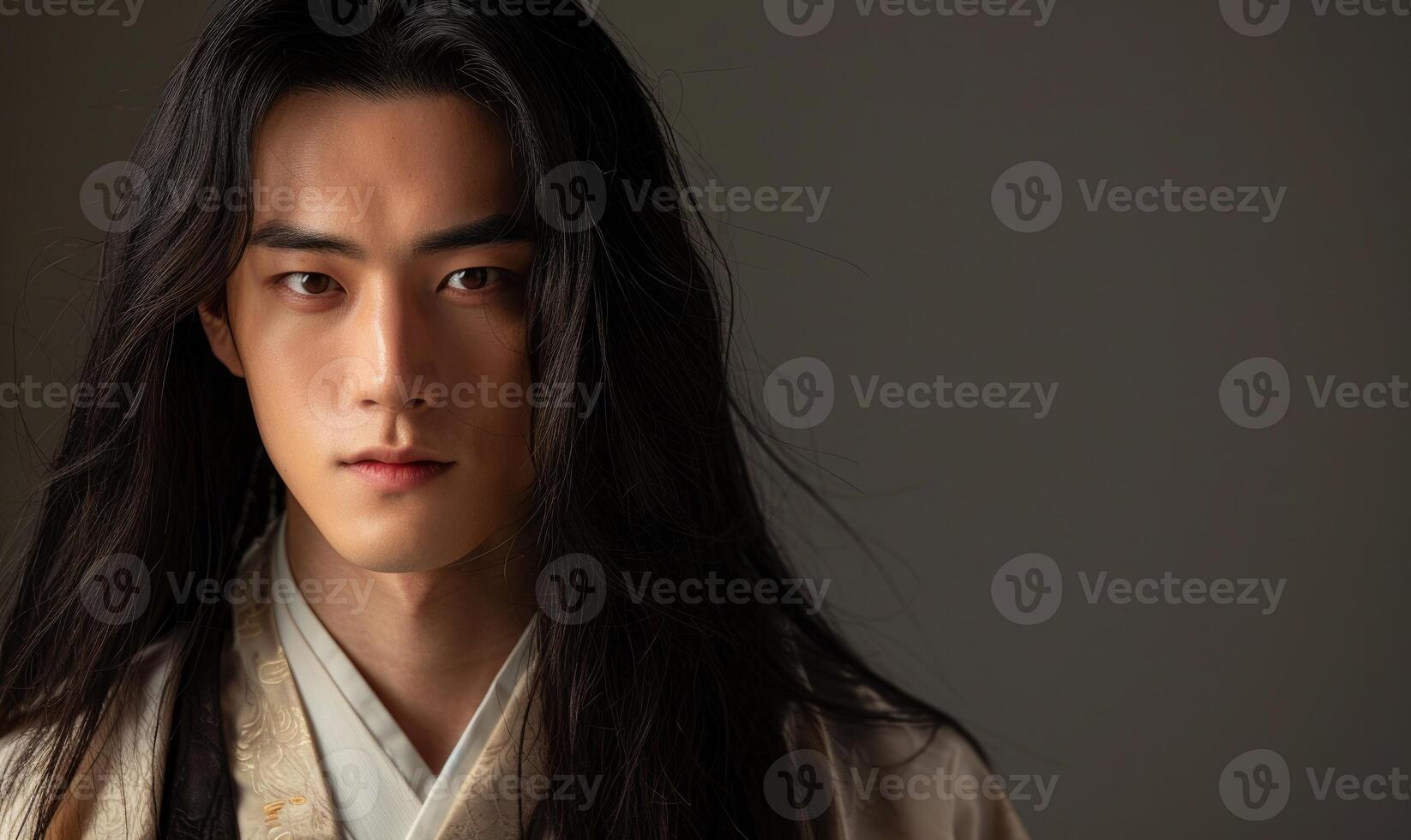 Portrait of young Asian man with dark long hair in traditional clothes looking at camera photo