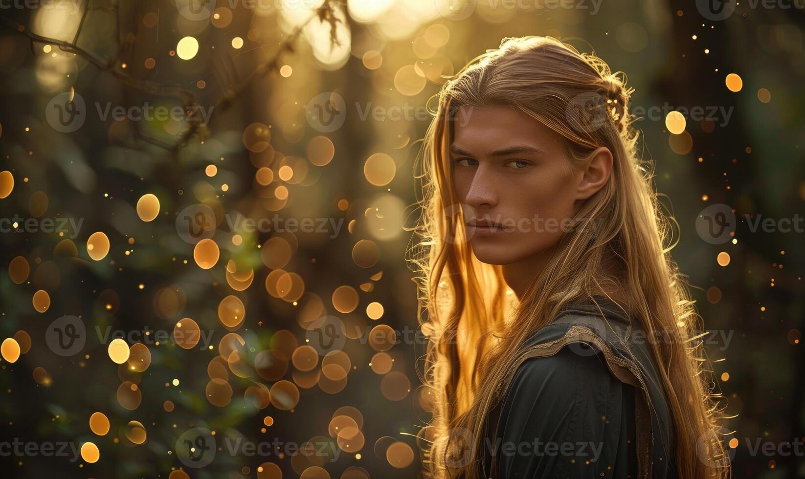 Ethereal portrait of a young man with long blonde hair adorned in ethnic elven clothes in the field photo